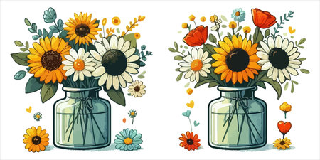 Bouquet of wildflowers in glass vase. Vector illustration.のイラスト素材