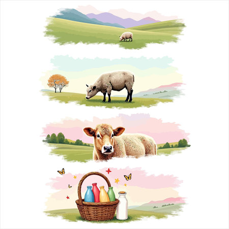Set of farm animals, vector illustration. Cattle, sheep, cow, chicken, basket with milk and eggs.のイラスト素材