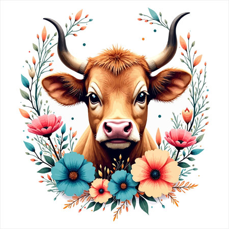 Cute cow with flowers and leaves on white background. Vector illustration.のイラスト素材