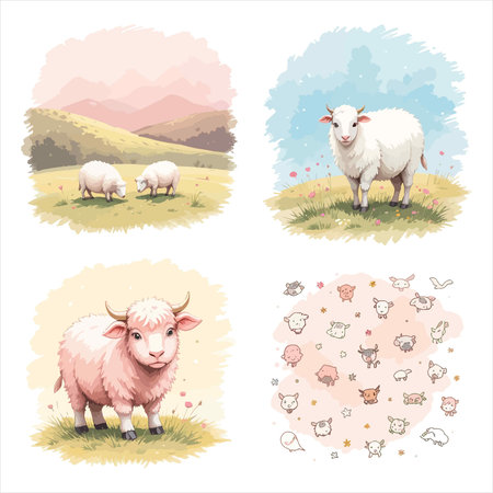 Sheep and lambs in pastel colors. Set of vector illustrations.のイラスト素材