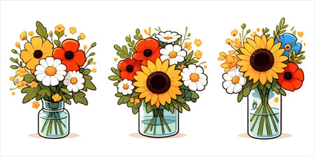 Bouquet of flowers in glass vase. Vector illustration.のイラスト素材