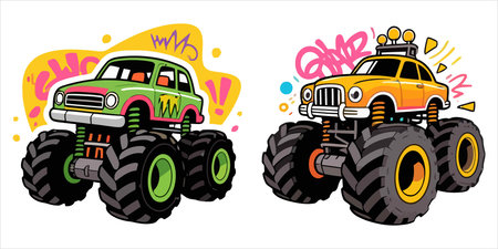 Two cartoon monster trucks with big wheels and colorful designs isolated on white background.のイラスト素材