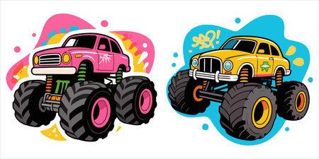 Two cartoon monster trucks with big wheels and colorful designs isolated on white background.のイラスト素材