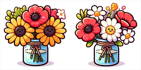 Cartoon bouquet of flowers in a jar. Vector illustration.のイラスト素材