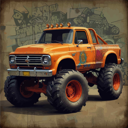 An orange monster truck with a custom design, perfect for off-road adventures and automotive enthusiasts.のイラスト素材