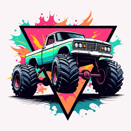 A cartoon illustration of a monster truck with oversized tires and a colorful triangle background.のイラスト素材