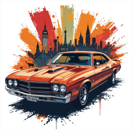 A vintage car illustration with a cityscape background, blending classic automotive design with urban scenery.のイラスト素材