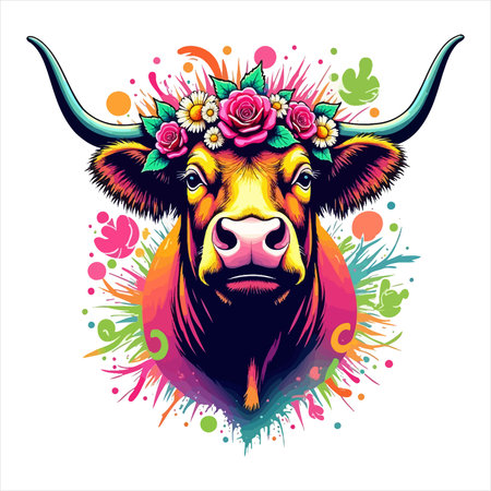 Bull head with a wreath of flowers on his head. Vector illustration.のイラスト素材