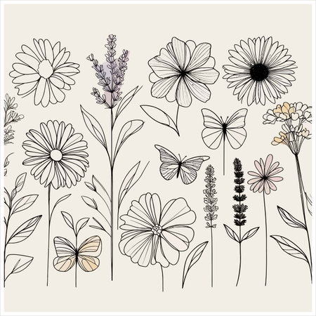 Art of floral and butterfly line art designのイラスト素材