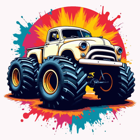 Vintage monster truck on grunge splash background. Vector illustration.のイラスト素材
