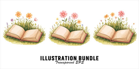 Art of open books with flowers on grassのイラスト素材