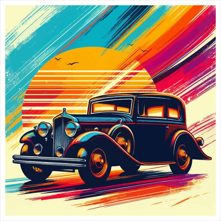 Retro car on a background of the sun. Vector illustration.のイラスト素材