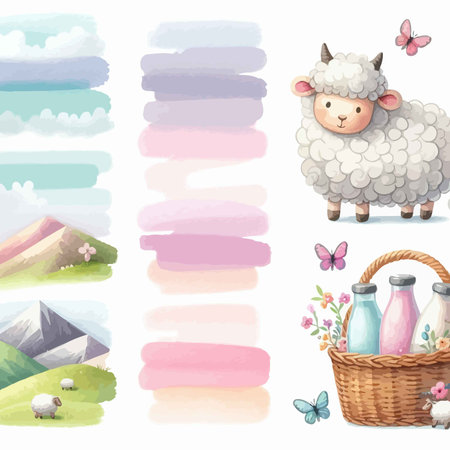 Set of watercolor elements with sheep and milk. Vector illustration.のイラスト素材
