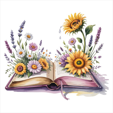 Open book with sunflowers and lavender. Vector illustration.のイラスト素材