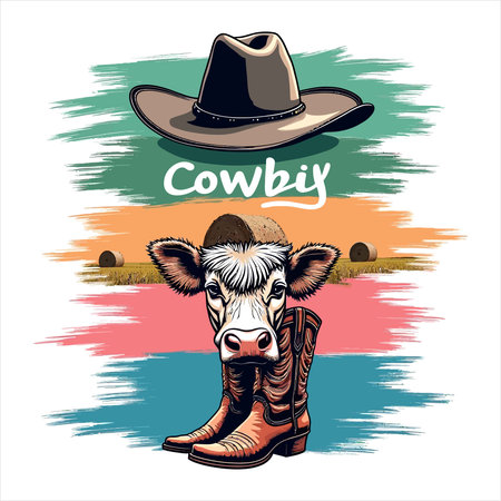 Cowboy hat and boots with cow on grunge background. Vector illustrationのイラスト素材