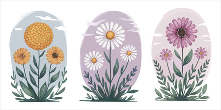 Easter eggs with flowers and leaves. Set of vector illustrations.のイラスト素材
