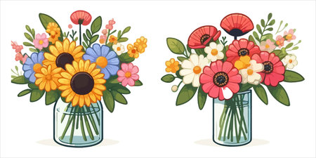 Three bouquets of flowers in a vase. Vector illustration.のイラスト素材