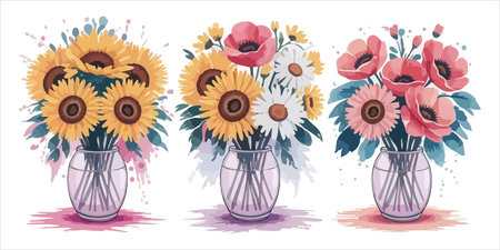 Bouquet of sunflowers in vase. Vector illustration.のイラスト素材