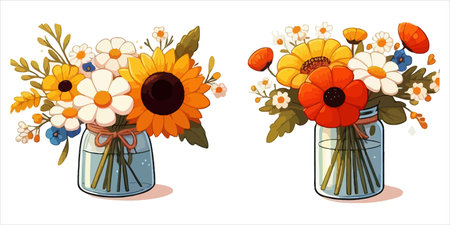 Vector illustration of two vases with flowers and leaves in cartoon styleのイラスト素材