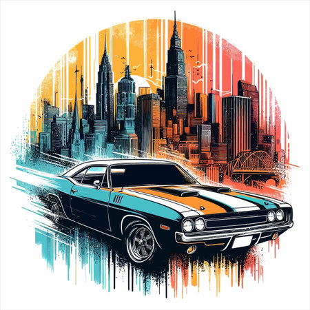 Retro car on the background of the city. Vector illustration.のイラスト素材