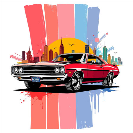 Retro car on the background of the city. Vector illustration.のイラスト素材
