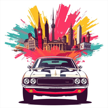 Retro car on the background of the famous landmarks. Vector illustrationのイラスト素材