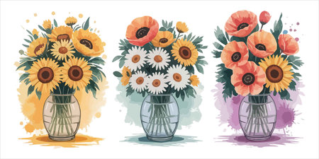 Bouquet of sunflowers in vase. Vector illustrationのイラスト素材