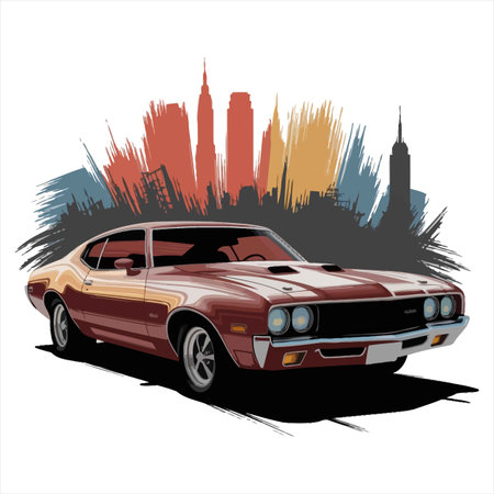 retro car on a background of the city. Vector illustration.のイラスト素材