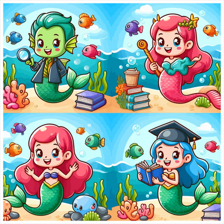 Set of mermaids with different elements in cartoon style illustration.のイラスト素材