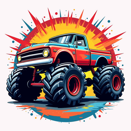 Vector illustration of a red monster truck on grunge background with raysのイラスト素材