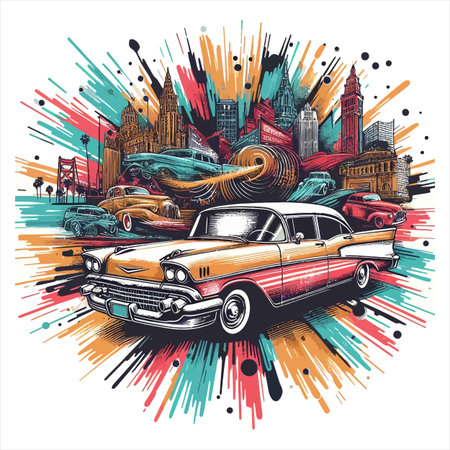Vintage american car on the city background. Vector illustration.のイラスト素材