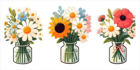 Bouquet of flowers in a glass vase. Vector illustration.のイラスト素材