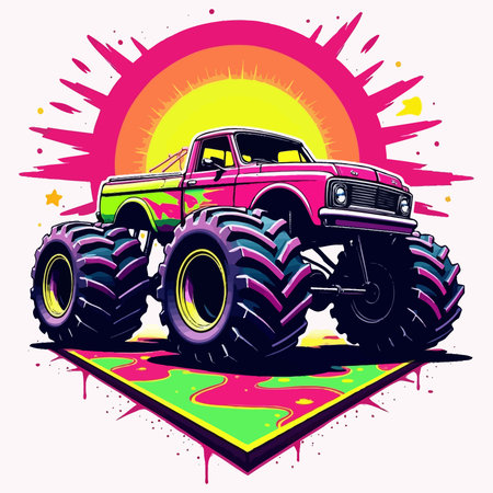 Vintage monster truck on grunge background with sunburst. Vector illustrationのイラスト素材