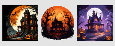 An eerie Halloween scene featuring a haunted house under the moonlight, surrounded by pumpkins and spooky trees, perfect for seasonal designs.のイラスト素材
