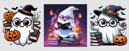 A cute ghost dressed as a witch, absorbed in reading a book with pumpkins around. The scene is set with a spooky yet inviting Halloween atmosphere.のイラスト素材