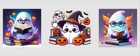 Halloween cartoon set with ghost, pumpkin, witch hat, books and fire. Vector illustrationのイラスト素材