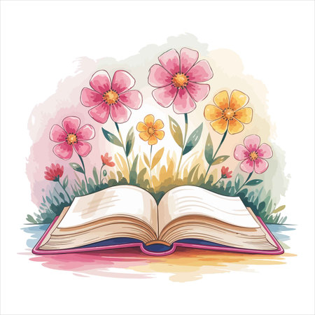 A vibrant watercolor illustration of flowers blooming from an open book, set against a soft, colorful background. Ideal for book lovers and nature enthusiasts alike.のイラスト素材