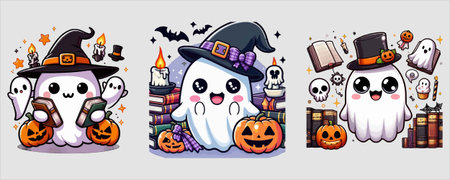 Three delightful Halloween ghost illustrations with witch hats, pumpkins, books, and bats, perfect...