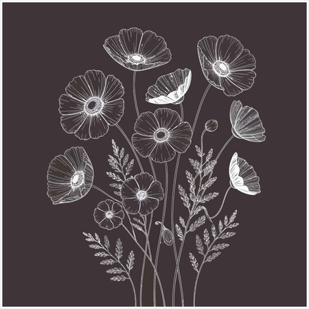 A beautiful floral drawing with a dark background, perfect for adding a touch of elegance and charm to any design or project. Ideal for invitations.のイラスト素材