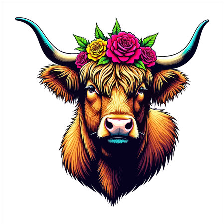 This is a beautiful illustration of a highland cow wearing a flower crown. The cow is brown and has long, shaggy hair. The flowers are pink, yellow, and green.のイラスト素材
