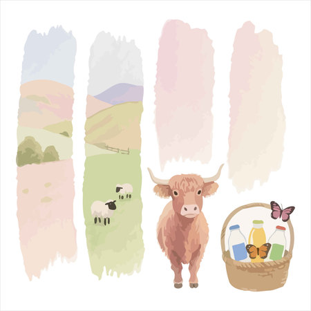Cute cow with a basket of milk in the countryside. Vector illustration.のイラスト素材