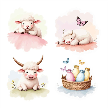 A cute watercolor illustration featuring adorable calves, milk bottles, and butterflies, perfect for adding a touch of whimsy to any project or design.のイラスト素材