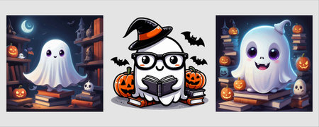 A cute cartoon ghost with a witch hat reading a book, surrounded by pumpkins and bats, perfect for Halloween-themed designs and illustrations.のイラスト素材
