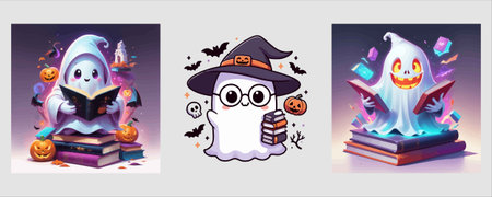 Set of vector cartoon illustrations of Halloween characters: ghost, pumpkin, witch, book, jack o lantern.のイラスト素材