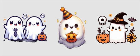 Set of cute cartoon ghost character for halloween. Vector illustrationのイラスト素材