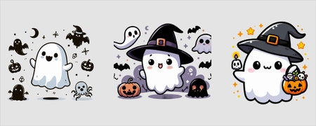 Halloween ghost cartoon set. Cute halloween ghost vector illustration.のイラスト素材