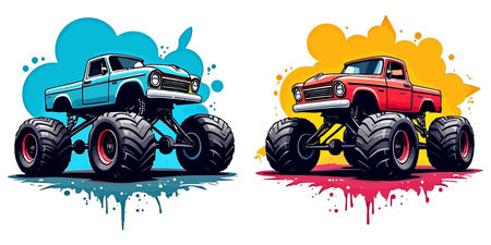 Two monster trucks are displayed with colorful splashes. The vehicles are designed for off-road adventures, blending vintage style with modern customization.のイラスト素材