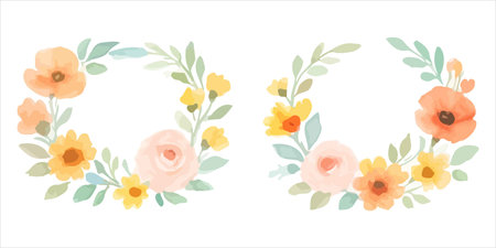 Two delicate watercolor floral wreaths, perfect for adding a touch of natural beauty to any design. Isolated on a clean white background for easy use.のイラスト素材