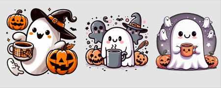 A cute Halloween illustration featuring a ghost with pumpkins and a witch hat, perfect for seasonal designs and decorations. Vector illustration, kawaii style.のイラスト素材