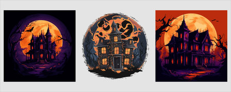Set of Halloween posters with haunted house and full moon. Vector illustrationのイラスト素材